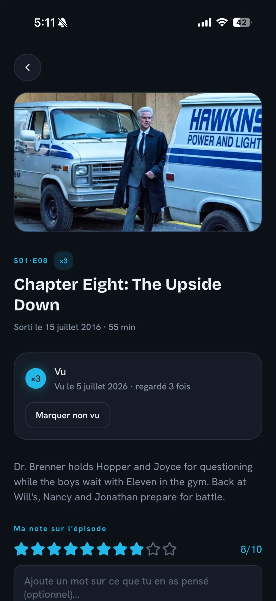 An episode page: air date, watched status with rewatch count, synopsis and your own rating