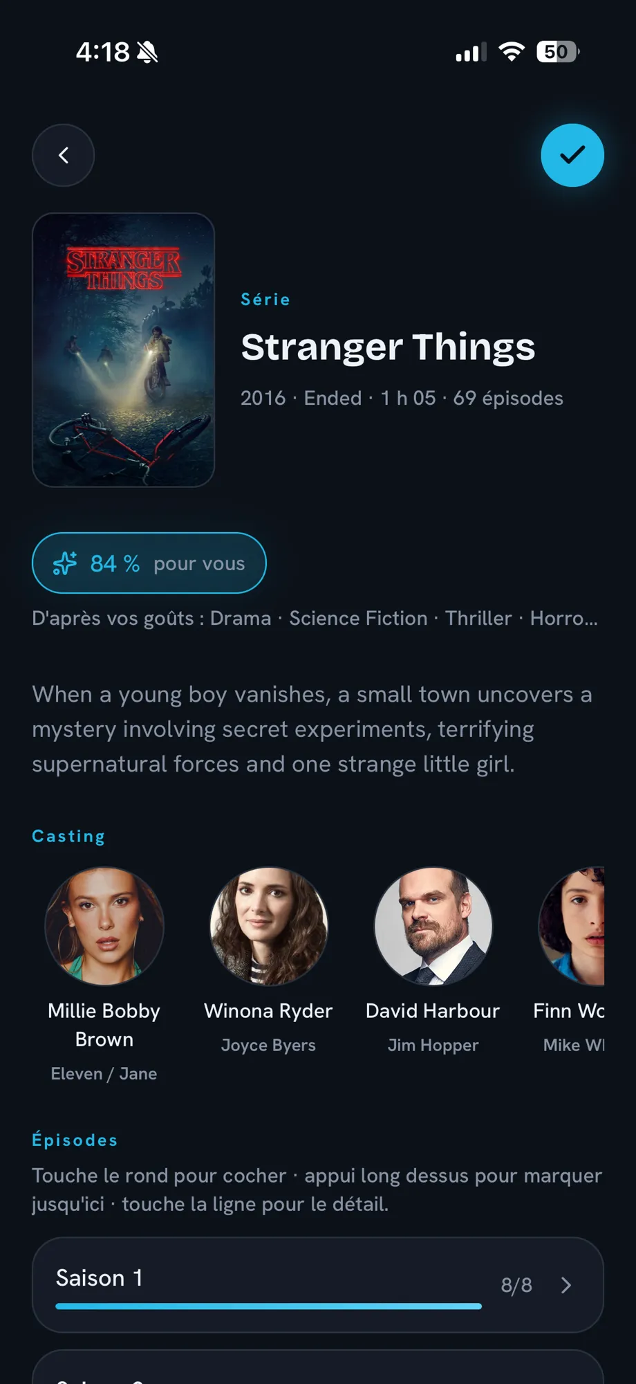 A series page: your “for you” affinity, cast and episode-by-episode progress