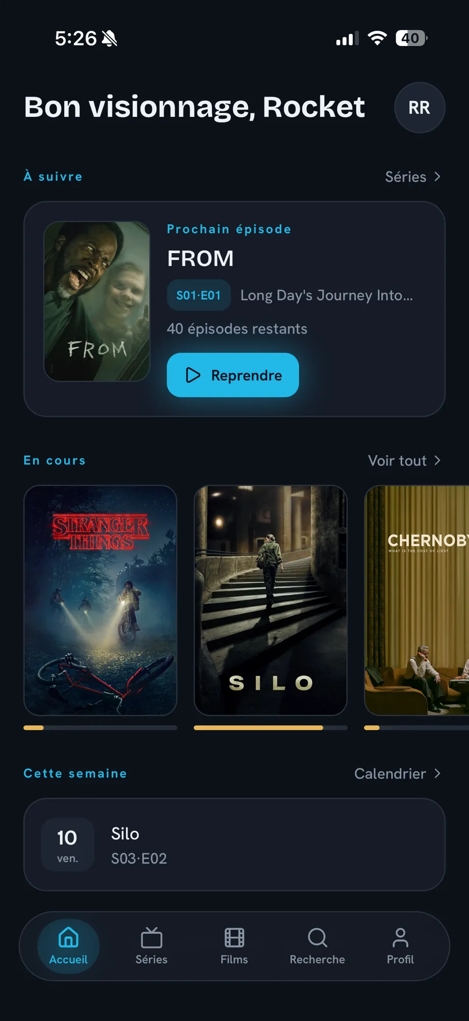 RakoonTV home screen: shows in progress and this week’s release calendar