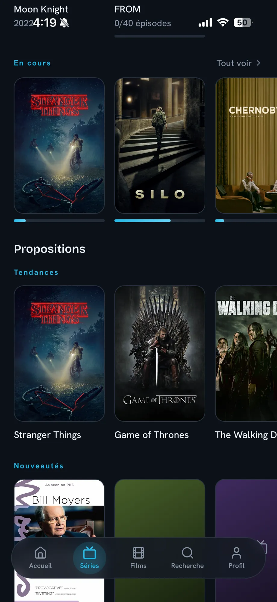 Series tab: rail of shows in progress and picks by trending and new releases